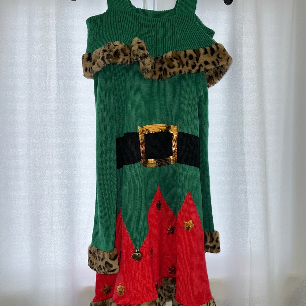 Holiday Time Festive Green and Red Elf Costume with Leopard Accents